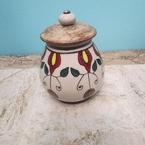 Pier 1 Cream Ceramic Jar with Red and Yellow Floral Design and Wood Lid
